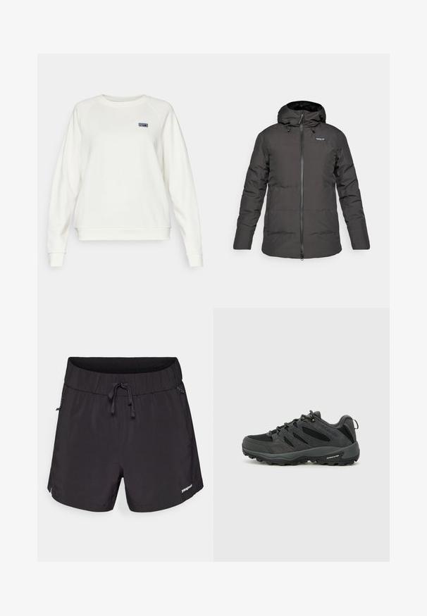Musthave musta isoleeritud kapuutsiga talvejope, millel on ees lukk ja Patagonia logo vasakul rinnakorvil.; Patagonia ESSENTIAL TOP - Pusa - wool white; Mustad mustad ujumispüksid kergest kangast, elastse vöökoha, paelaga ja küljetaskutega funktsionaalsuse jaoks.; Columbia REDMOND - Matkajalatsid - black/citron haze