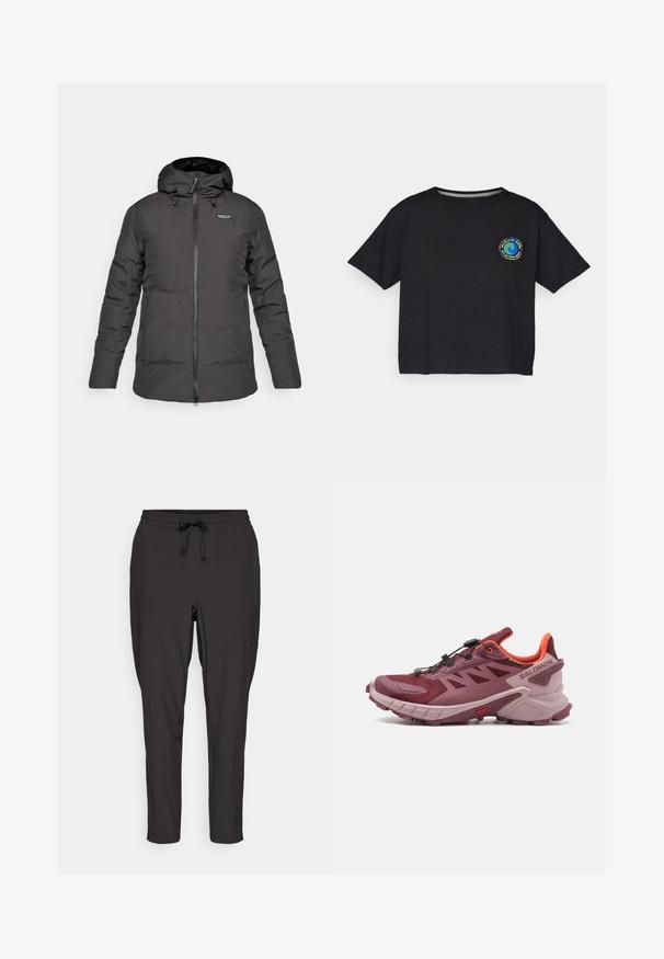 Black insulated hooded winter jacket with front zipper and Patagonia logo on the left chest area.; Black cotton short-sleeve T-shirt featuring a circular multicolored logo on the chest. Straight hem and relaxed fit.; Black jogger pants with an elastic waistband, drawstring detail, and side pockets. Made from a smooth, lightweight fabric.; Trail running shoe in burgundy and pink. Features a mesh upper, lightweight sole, and dynamic traction with visible lugs. Elastic lacing system included.