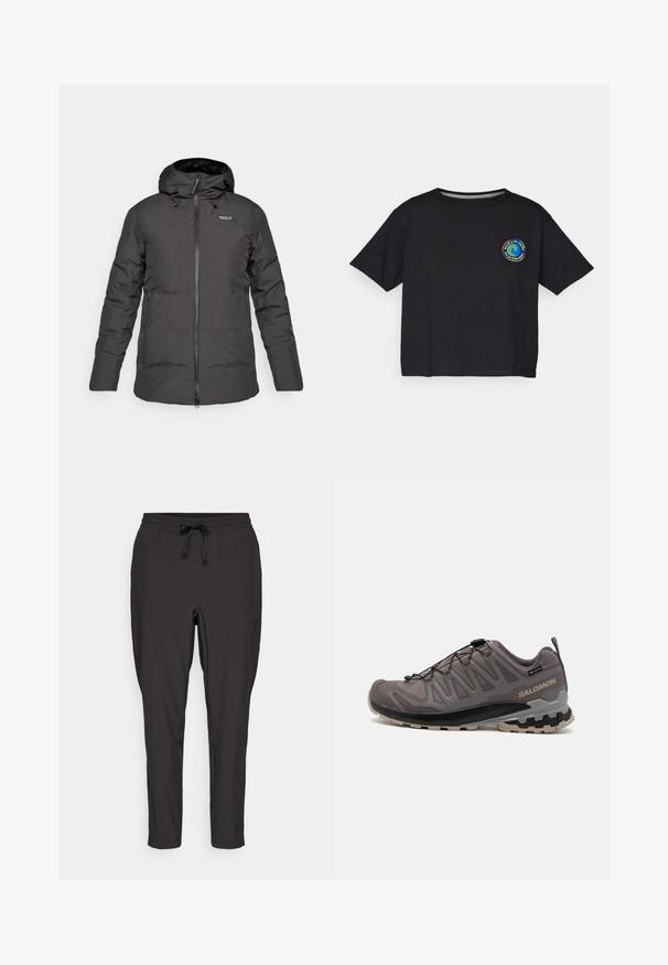 Zwarte geïsoleerde winterjas met capuchon, met een ritssluitingen aan de voorkant en het Patagonia-logo op de linkerborst.; Zwart katoenen T-shirt met korte mouwen en een ronde, multicolor logo op de borst. Rechte zoom en een relaxte pasvorm.; Zwarte joggers met een elastische tailleband, trekkoorddetails en zijzakken. Gemaakt van een gladde, lichte stof.; Grijze buitenschoen met een bovenwerk van mesh en synthetisch materiaal, een gevoerde kraag en een gestructureerde zool met diepe groeven voor grip. Verstelbaar vetersysteem.