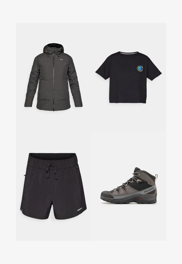 Black insulated hooded winter jacket with front zipper and Patagonia logo on the left chest area.; Black cotton short-sleeve T-shirt featuring a circular multicolored logo on the chest. Straight hem and relaxed fit.; Black swim shorts made from lightweight fabric, featuring an elastic waistband, drawstring, and side pockets for functionality.; Gray and black mid-height hiking boot with thick tread, patterned laces, "Salomon" logo, and Gore-Tex label, shown from the outer side.