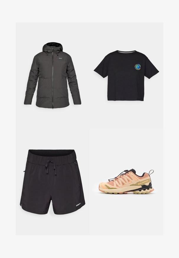 Črna izolirana zimska jakna s kapuco, z zadrgo spredaj in logotipom Patagonia na levi prednji strani.; Črna bombažna majica s kratkimi rokavi z okroglim večbarvnim logotipom na prsih. Ravno dno in sproščen kroj.; Črne kopalne hlače iz lahkega materiala, z elastičnim pasom, vrvico in stranskimi žepi za funkcionalnost.; Salomon teka za trail tek v roza in bež barvi z teksturiranim mrežastim zgornjim delom, fleksibilno podplatom, značilno zasnovo pete in odsevnimi akcenti.