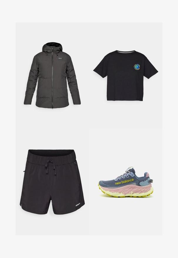 Melna izolēta kapuce ziemas jaka ar priekšējo rāvējslēdzēju un Patagonia logo kreisajā krūtīs.; Melnas kokvilnas T-krekls ar īsām piedurknēm, kuram uz krūtīm ir apaļa krāsaina emblēma. Taisnā apakšmalā un brīvā piegriezumā.; Melna peldkostīmu šorti, kas izgatavoti no viegla auduma, ar elastīgu jostasvietu, stringu un sānu kabatām funkcionalitātei.; New Balance FRESH FOAM X MORE V3 - Krosa skriešanas apavi - arctic grey