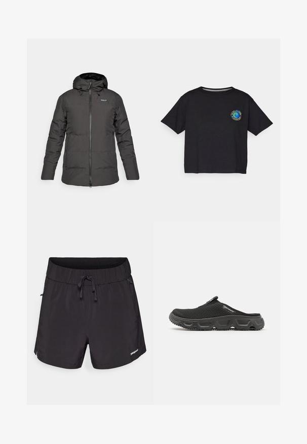 Black insulated hooded winter jacket with front zipper and Patagonia logo on the left chest area.; Black cotton short-sleeve T-shirt featuring a circular multicolored logo on the chest. Straight hem and relaxed fit.; Black swim shorts made from lightweight fabric, featuring an elastic waistband, drawstring, and side pockets for functionality.; Black mesh slip-on shoe with a textured rubber sole, rounded toe, and back pull tab. Features visible stitching and a subtle logo detail.
