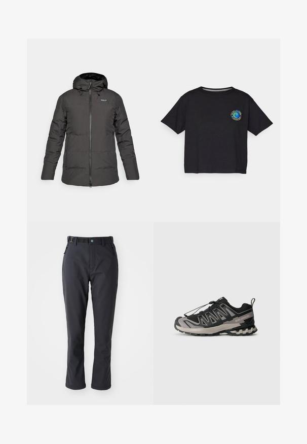 Musthave musta isoleeritud kapuutsiga talvejope, millel on ees lukk ja Patagonia logo vasakul rinnakorvil.; Must musta lühikeste varrukatega T-särk, millel on rinnal ringikujuline mitmevärviline logo. Otse lõpp ja mugav lõige.; Columbia LEADER CREST™ PANT - Õuepüksid - black; Must mustriline ja hallid spordijalatsid, millel on võrgu ülemine osa, kummist põhi ja elastne nööri süsteem. Omab tugevdatud varvaskatet ja tekstuursete aktsentidega detaile.