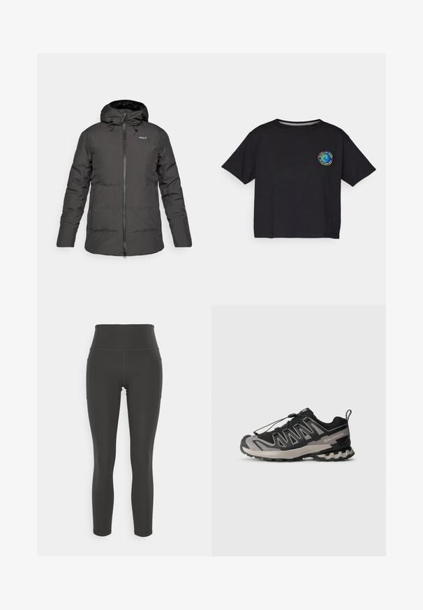 Casaco de inverno preto, isolado, com capuz, zíper frontal e logótipo da Patagonia na área esquerda do peito.; T-shirt preto de algodão com mangas curtas, apresentando um logótipo circular multicolorido no peito. Barra reta e ajuste descontraído.; Leggings negras de cintura alta feitas de um tecido elástico com textura suave; apresentam bolsos laterais e costuras planas para maior conforto.; Sapatilha desportiva em preto e cinza com parte superior em malha, sola em borracha e sistema de atacadores elásticos. Apresenta uma biqueira reforçada e detalhes texturizados.