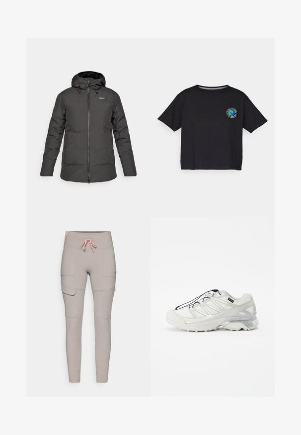 Schwarze, isolierte Winterjacke mit Kapuze, Frontreißverschluss und Patagonia-Logo auf der linken Brustseite.; Schwarzes Baumwoll-T-Shirt mit kurzen Ärmeln, das auf der Brust ein rundes, mehrfarbiges Logo zeigt. Gerader Saum und lockere Passform.; Beige Cargo-Hosen mit zwei Seitentaschen, einem pinken Bund und einem Kordelzugverschluss. Aus einem weichen, dehnbaren Stoff gefertigt.; Weißer Sportschuh mit einem strukturierten Mesh-Obermaterial, reflektierenden Akzenten und einer gepolsterten Sohle. Verfügt über elastische Schnürsenkel und graue Details.