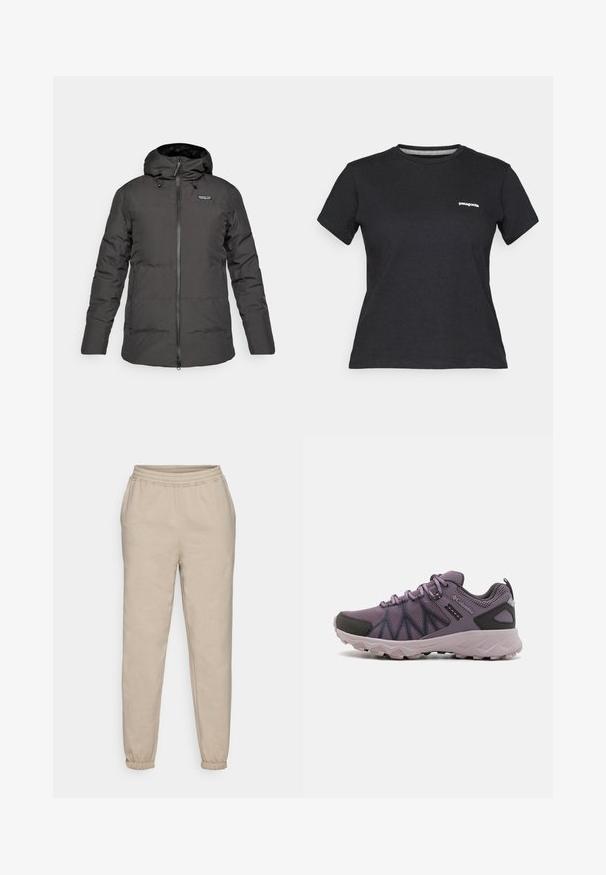 Čierna zateplená zimná bunda s kapucňou a predným zipsom, s logom Patagonia na ľavej hrudi.; Čierne bavlnené tričko s okrúhlym výstrihom a krátkymi rukávmi. Obsahuje biele logo "Patagonia" v ľavej časti hrudníka.; Pieskové teplákové nohavice vyrobené z mäkkej zmesi bavlny. Majú elastický pás a zúžené manžety pre uvoľnený strih.; Ľahké fialové turistické topánky s prešívaným zvrškom, čiernymi akcentmi, polstrovanou podrážkou a robustným vzorom pre trakciu.