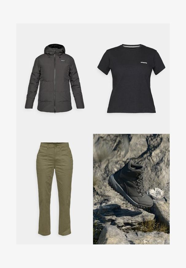 Juodas izoliuotas žiemos paltas su gobtuvu, priekyje su užtrauktuku ir Patagonia logotipu kairėje krūtinės pusėje.; Juodas medvilninis marškinėliai su apvalia iškirpte ir trumpomis rankovėmis. Kairėje krūtinės pusėje yra baltas "Patagonia" logotipas.; Alyvinės žalios medvilnės kelnės su tiesia koja, su priekinio mygtuko uždarymu, dviem šoninėmis kišenėmis ir sustiprintomis siūlėmis.; Tamsiai pilki žygio batai, pagaminti iš sintetinės medžiagos, su paminkštintu apykakle, metaliniais akmenukais ir tekstūruotu guminio pado paviršiumi, užtikrinančiu sukibimą.