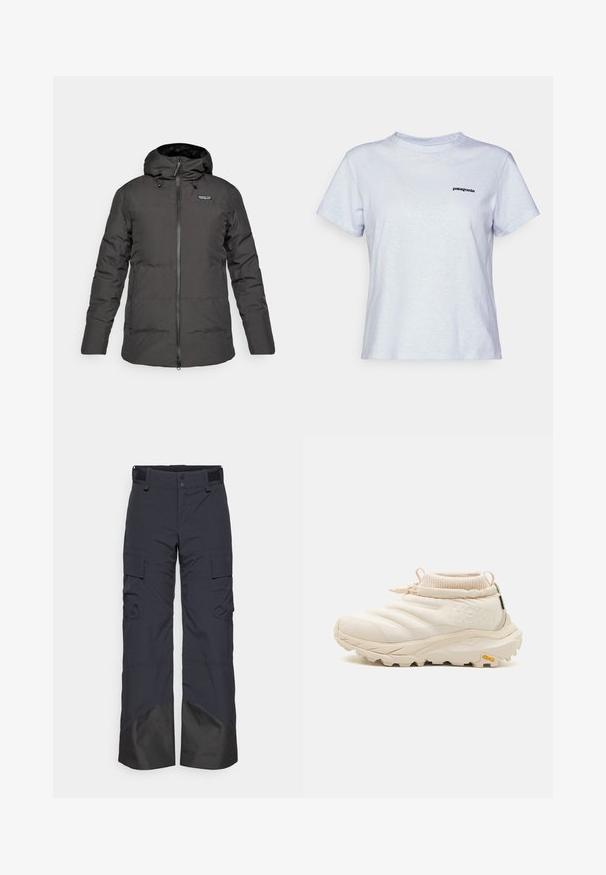 Veste d'hiver noire isolée à capuche avec fermeture éclair sur le devant et logo Patagonia sur la partie gauche de la poitrine.; T-shirt en coton bleu clair à manches courtes, col rond, avec un petit logo noir portant l'inscription "patagonia" sur la poitrine gauche.; Pantalon cargo gris foncé avec double bouton, ceinture Velcro et sections inférieures noires renforcées. Comprend plusieurs poches latérales et une coupe droite.; Baskets beige clair avec une tige matelassée, un col extensible et une semelle extérieure en Vibram. Elles possèdent une languette et une fermeture éclair. Fini texturé.