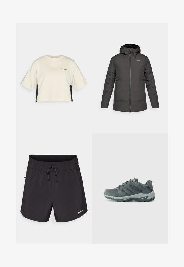 Musthave musta isoleeritud kapuutsiga talvejope, millel on ees lukk ja Patagonia logo vasakul rinnakorvil.; Kreemika värvi lühikeste varrukatega lühikese seljaga T-särk ümmarguse kaelusega, mustade külgpaneelidega; rinnal on väike must logo.; Mustad mustad ujumispüksid kergest kangast, elastse vöökoha, paelaga ja küljetaskutega funktsionaalsuse jaoks.; Tumed hallid matkajalanõud, millel on võrkpaneelid ja sealihaga ülemine osa, nööriga sulgemine, pehmendatud tallad ja rohkelt haarde mustriga karmi väljatõste.