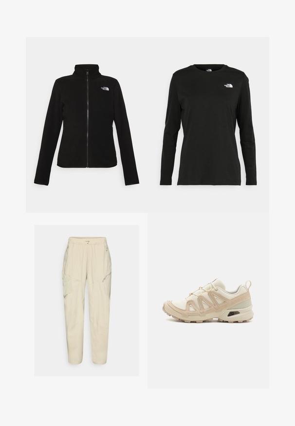 The North Face W GLACIER - Polárdzseki - black; Fekete, hosszú ujjú póló pamutból, kerek nyakkal. A bal mellrészen egy kis fehér logó található. Egyszerű dizájn és szabás.; Világos bézs színű cargo nadrág, rugalmas derékkal, cipzáras zsebekkel és panelezett részletekkel. Simás, könnyű anyagból készült.; Beige és krém színű sportcipő, texturált hálós felsőrésszel, támogató burkolattal és gumitalppal, amely tapadás érdekében bordázott mintázattal rendelkezik.