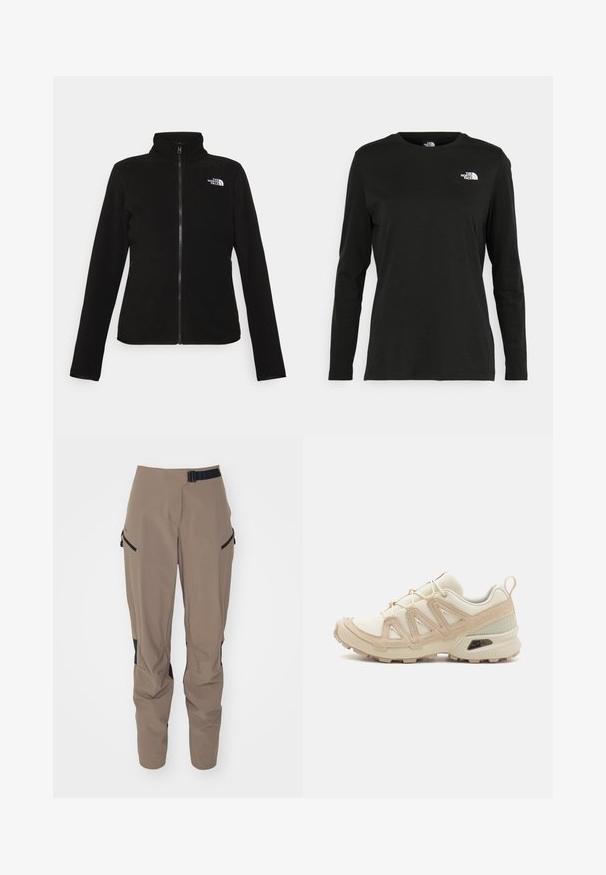 The North Face W GLACIER - Fleecejakke - black; Svart langermet T-skjorte laget av bomull med rund hals. Har en liten hvit logo på venstre brystområde. Enkelt design og passform.; Beige utendørsbukser med svarte detaljer, laget av lettvektsstoff. Har justerbar midje, elastiske mansjetter og sidelommer med glidelås.; Beige og krem joggesko med teksturert mesh-overdel, støttende overlegg og gummisåle med et mønster for godt grep.