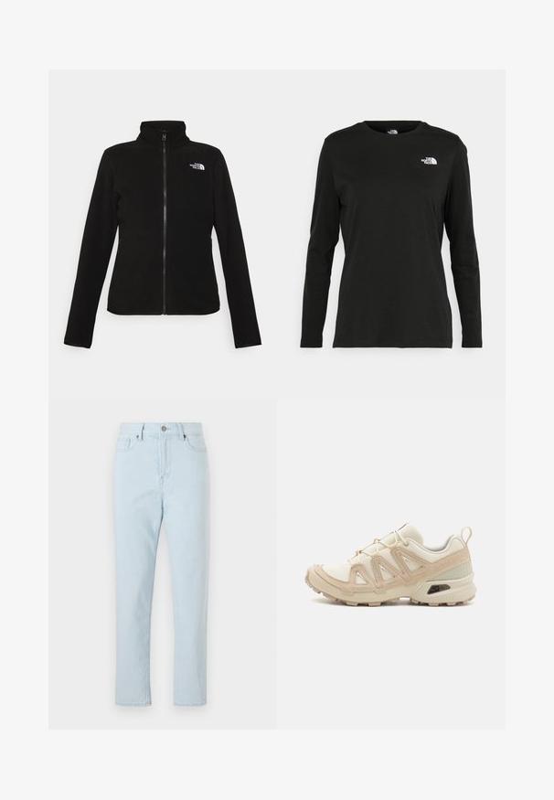 The North Face W GLACIER - Flisinė striukė - black; Juodas ilgomis rankovėmis medvilninis marškinėliai su apvali apykakle. Savybė - mažas baltas logotipas kairėje krūtinės pusėje. Paprastas dizainas ir pritaikymas.; Pasitikros šviesiai mėlynos, aukštu liemeniu, tiesios kojų džinsai su priekinėmis kišenėmis, dirželių kilpomis, mygtuko uždarymu ir matoma siuvimo linija kojose.; Bežinės ir kreminės spalvos sportinės bateliai su tekstūruoto tinklelio viršutine dalimi, palaikančiomis detalėmis ir guminiais padais, turinčiais raštą, užtikrinantį sukibimą.