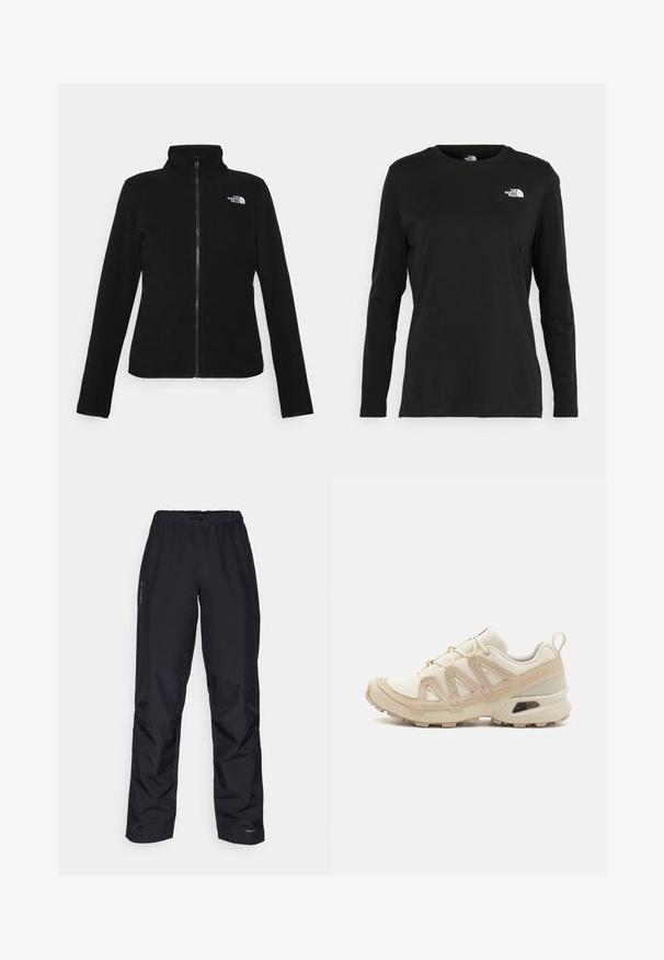 The North Face W GLACIER - Giacca in pile - black; T-shirt nera a maniche lunghe in cotone con colletto rotondo. Presenta un piccolo logo bianco sul lato sinistro del petto. Design semplice e vestibilità comoda.; Pantaloni neri impermeabili realizzati in un morbido tessuto sintetico. Presentano una vita elastica e tasche laterali, con un leggero marchio sui lati.; Scarpa atletica beige e crema con tomaia in mesh testurizzato, sovrapposizioni supportive e suola in gomma con un motivo a tasselli per la trazione.