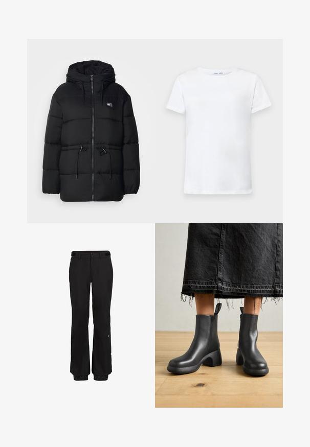 Musta puhvitakki hupulla, jossa on täysi vetoketju, joustavat kiristysnauhat vyötäröllä ja hillitty raidallinen rakenne.; Valkoinen lyhythihainen t-paita, joka on valmistettu puuvillasta ja jossa on pyöreä kaula-aukko. Tasainen pinta ja suora leikkaus, ilman kuvioita tai koristeita.; Mustat lumihousut, joissa on suora leikkaus, säädettävä vyötärö, vahvistetut lahkeensuut ja hienovarainen brändäys vasemmassa lahkeessa.; Musta nahkasaappaat nilkkapituisella, jossa on paksu korko ja sivuvetoketju. Saappaissa on teksturoitu pohja ja vetotanko, joka helpottaa pukemista.