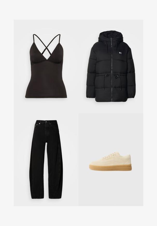 Black puffer jacket with a hood, featuring a full zipper, elastic drawcords at the waist, and a subtle striped texture.; Black camisole with adjustable cross-back straps, featuring a deep V-neck and a fitted silhouette. Made from smooth, stretchy fabric.; Black denim wide-leg trousers with a high waist, featuring a button fly, five pockets, and minimal stitching details.; Beige suede sneaker with a rounded toe, rubber gum sole, flat laces, and a subtle embossed logo on the side.