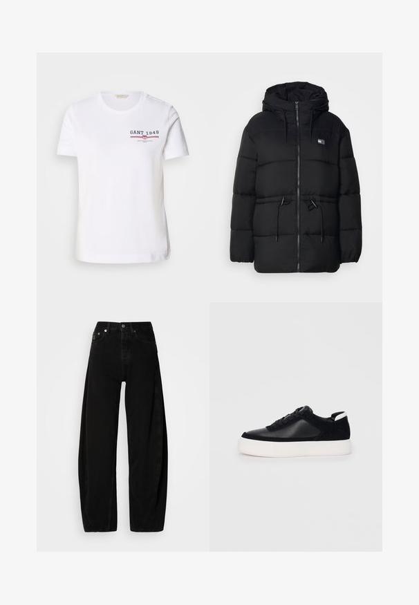 Chaqueta de plumas negra con capucha, que cuenta con un cierre de cremallera completo, cordones elásticos en la cintura y una textura de rayas sutil.; Camiseta blanca de algodón con cuello redondo, mangas cortas y un logo en el frontal que presenta "GANT 1949" en azul marino y rojo, con franjas horizontales.; Pantalones de mezclilla anchos negros con cintura alta, que cuentan con una bragueta de botones, cinco bolsillos y mínimos detalles de costura.; Zapatilla negra con paneles de cuero liso y de ante, cordones planos, punta redondeada y una suela de goma blanca. Logotipo distintivo en el talón.