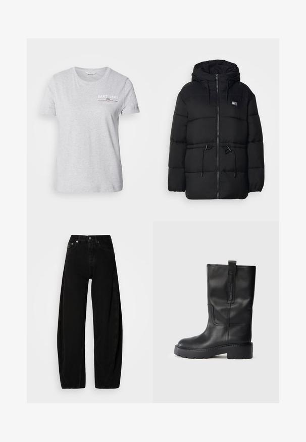 Zwarte pufferjack met capuchon, voorzien van een volledige rits, elastische trekkoorden in de taille en een subtiele gestreepte textuur.; Lichtgrijze katoenen t-shirt met een ronde hals, korte mouwen en een gedrukt logo in wit en donkerrood op de linker borst.; Zwarte denim wijde broek met hoge taille, voorzien van een knopenstop, vijf zakken en minimale stikdetails.; Zwarte leren kniehoge laarzen met een slank ontwerp, voorzien van een dikke zool en een zijhandvat voor gemakkelijk aan- en uittrekken. Opvallende stikselaccenten.