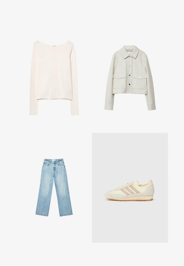 Cremefarvet cropped jakke lavet af filtede stoffer, med krave, frontknaplukning og to store klaplommer.; Langærmet, let top i blød off-white stof, med en bred halsudskæring og en afslappet pasform. Glat tekstur uden mønstre.; Lyseblå denim bukser med bred benvidde og høj talje, præget af en falmet vask og små, spredte slidte detaljer overalt.; Creme atletisk sneakers med tre beige striber, lavet af ruskind og tekstilmaterialer, en struktureret sål og prægede mærker på hælen.