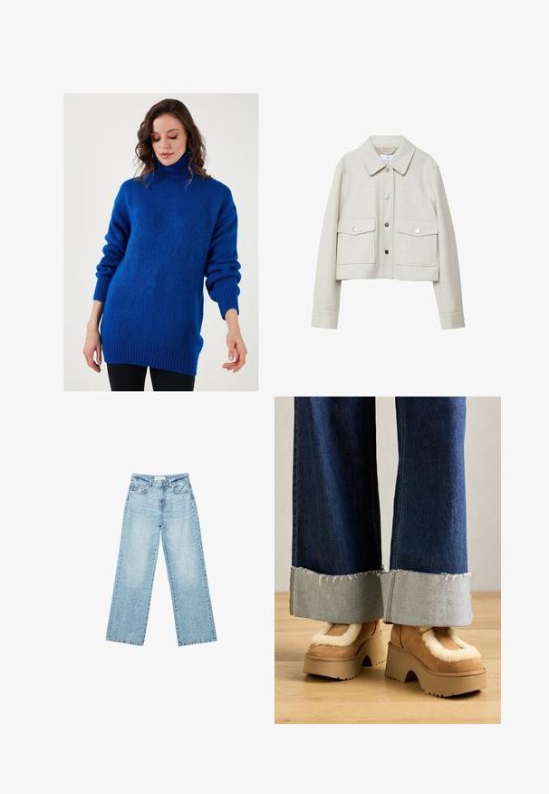 Krémová zkrácená bunda vyrobená z plstěné látky, se límcem, předním knoflíkovým zapínáním a dvěma velkými klopovými kapsami.; Modrý rolák vyrobený z měkké, texturované látky, s kleslými rameny, žebrovanými manžetami a volným střihem.; Světle modré džíny s širokými nohavicemi a vysokým pasem, s bledým odstínem a malými, rozptýlenými detaily opotřebení po celém povrchu.; Hnědé semišové platformové boty s krémovým kožešinovým podšívkou, spárované s volnými džínovými kalhotami se třepenými lemy a světlým džínovým manžetou.