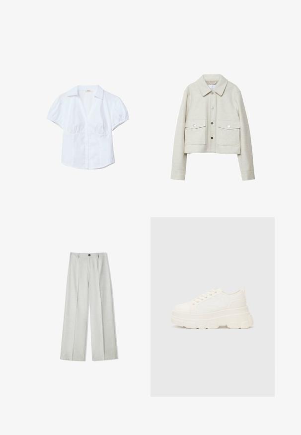 Krémový skrátený kabát z plstenej látky s golierom, predným zapínaním na gombíky a dvoma veľkými vreckami na klapku.; Biela krátka košeľa s štruktúrovaným golierom, nadýchanými rukávmi a zapínaním na gombíky vpredu. Obsahuje nariasenú tkaninu v oblasti poprsia.; Svetlosivé široké nohavice vyrobené z textúrovaného materiálu, s gombíkovým zapínaním a dvoma záhybmi vpredu pre dodatočný detail.; Biele plátené tenisky s hrubou podrážkou, zaoblenou špičkou a piatimi očkami na šnúrky. Zadný popruh pre jednoduché obúvanie. Hladká textúra, minimalistický dizajn.