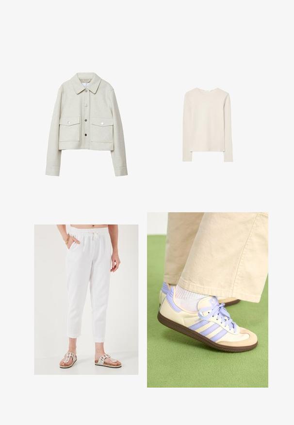 Krémový skrátený kabát z plstenej látky s golierom, predným zapínaním na gombíky a dvoma veľkými vreckami na klapku.; Svetlo béžový top s dlhým rukávom z mäkkej tkaniny, s okrúhlym výstrihom a voľným strihom, rovný lem a s minimálnymi detailmi šitia.; Biele skrátené nohavice z textúrovanej látky, s elastickým pásom a šnúrkou na stiahnutie. Kombinované s ozdobenými sandálmi s korkovou podrážkou.; Krémovo-fialové tenisky so tromi pruhmi a štruktúrovanou hnedou podrážkou, s šnúrkami a polstrovaným opätkom. Mäkký textilný zvršok.