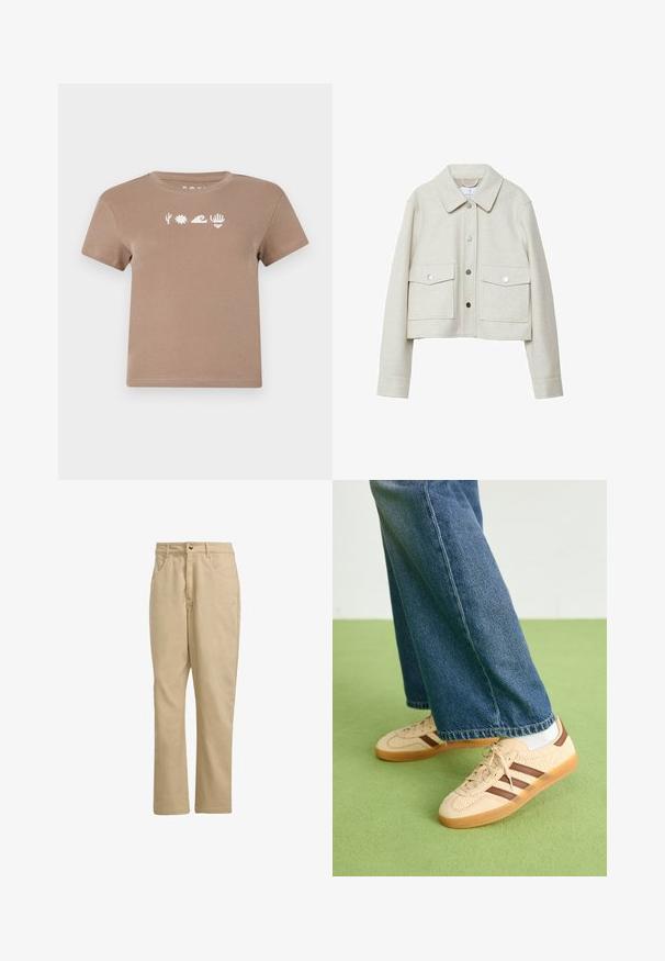 Krämfärgad kort jacka i filtmaterial, med krage, framknäppning med knappar och två stora fackfickor.; Brun bomulls t-shirt med rund halsringning. Har vita grafiska element: en kaktus, sol, våg, hand och hjärta. Korta ärmar.; Khaki bomullsbukser med rak skärning, med en knappstängning fram, två sidofickor och minimal märkeslogotyp fram.; Beiga sneakers med strukturerade krämfärgade paneler och bruna ränder, i kombination med blå denimjeans. Jeansarna har vida ben och fransad fåll.