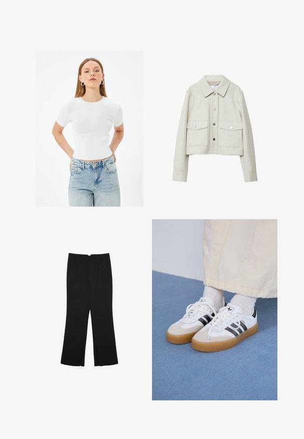 Crème-kleurige cropped jas van viltstof, met een kraag, sluiting met knopen aan de voorkant en twee grote klepzakken.; Witte geribde short-sleeve fitted top met een ronde halslijn, gecombineerd met lichtblauwe high-waisted jeans met klassieke zakken en een knop.; Zwarte broek met een rechte pasvorm, voorzien van zijzakken en plooien aan de onderzijde. Gemaakt van zachte, gladde stof. Geschikt voor verschillende gelegenheden.; Witte sneakers met zwarte strepen en beige suède accenten. Voorzien van een gestructureerde gumzool en platte witte veters, gedragen met lichtgekleurde sokken.