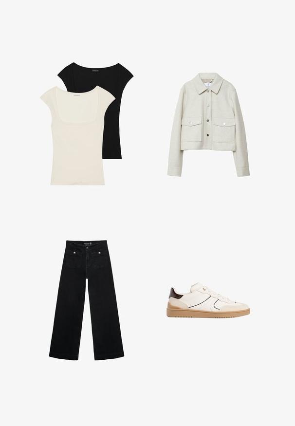 Giacca a cropped color crema realizzata in tessuto infeltrito, con colletto, chiusura frontale con bottoni e due grandi tasche a patta.; Due magliette aderenti a maniche corte: una nera e una off-white. Entrambe presentano uno scollo quadrato e una texture a coste, con una finitura liscia.; Jeans neri a gamba larga con vita alta, dotati di due tasche frontali e dettagli in metallo sui bottoni. Il tessuto ha una texture liscia.; Stradivarius Sneakers basse - white