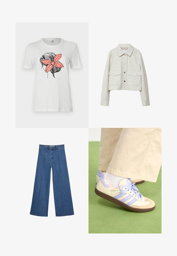 Cremefarvet cropped jakke lavet af filtede stoffer, med krave, frontknaplukning og to store klaplommer.; Hvid t-shirt med en sort kontur af en frisure og en stor rød mønstret sløjfe bagpå. Korte ærmer og rund halsudskæring.; Bredde ben denim jeans i mellemblå, med høj talje, knaplukning og kontrasterende lodrette sømdetaljer foran.; Creme og lavendel sneakers med tre striber og en tekstureret brun sål, der har snørebånd og en polstret hæl. Blødt stof øvre.