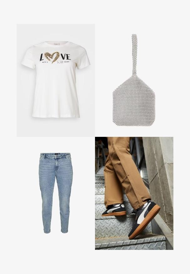 Melna ādas motocikla jaka ar izgrieztu apkakli, asimetrisku rāvējslēdzēju, sānu kabatām un jostotu vidukli. Tekstūru apdare un metāla detaļas.; Sarkans rifināts turtlenecks džemperis ar garām piedurknēm, teksturēta auduma, pieguļošs siluets un augsts apkakle. Nav redzamu rotājumu.; Baltas T-krekls ar apaļu kakla izgriezumu, kurā melnā krāsā ir uzraksts "LOVE" un leoparda drukas sirds, papildināta ar slīprakstā rakstītu tekstu "with a wild heart".; Gai zili džinsi ar sašaurinātu kāju, izgatavoti no denima auduma. Iekļauj pogu aizdari, piecas kabatas un vieglu izbalēšanu tekstūras radīšanai.; Melnas un pelēkas zamša sporta kurpes ar baltām akcentiem un gumijas zolēm, valkātas uz brūniem biksēm, uzkāpjot metāla kāpnēm.; Sudraba acu maisiņš ar strukturētu formu, kas pārklāts ar maziem, atstarojošiem rhinestones. Iekļauj garu, dekorētu rokturi.