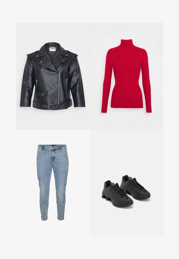 Czarna skórzana kurtka motocyklowa z wyciętym kołnierzem, asymetrycznym zamkiem błyskawicznym, bocznymi kieszeniami i paskiem w talii. Teksturowane wykończenie i metalowe akcesoria.; Czerwony sweter z wysokim kołnierzem, prążkowany, z długimi rękawami, o strukturalnym materiale, dopasowany do sylwetki. Bez widocznych ozdób.; Jasnoniebieskie dżinsy o tapered leg, wykonane z tkaniny denimu. Posiadają zapięcie na guzik, pięć kieszeni i subtelne przetarcia dla tekstury.; Czarne sportowe buty z gładką syntetyczną cholewką, teksturowanymi akcentami, sznurowanym zapięciem oraz widoczną sprężynową amortyzacją w pięcie.