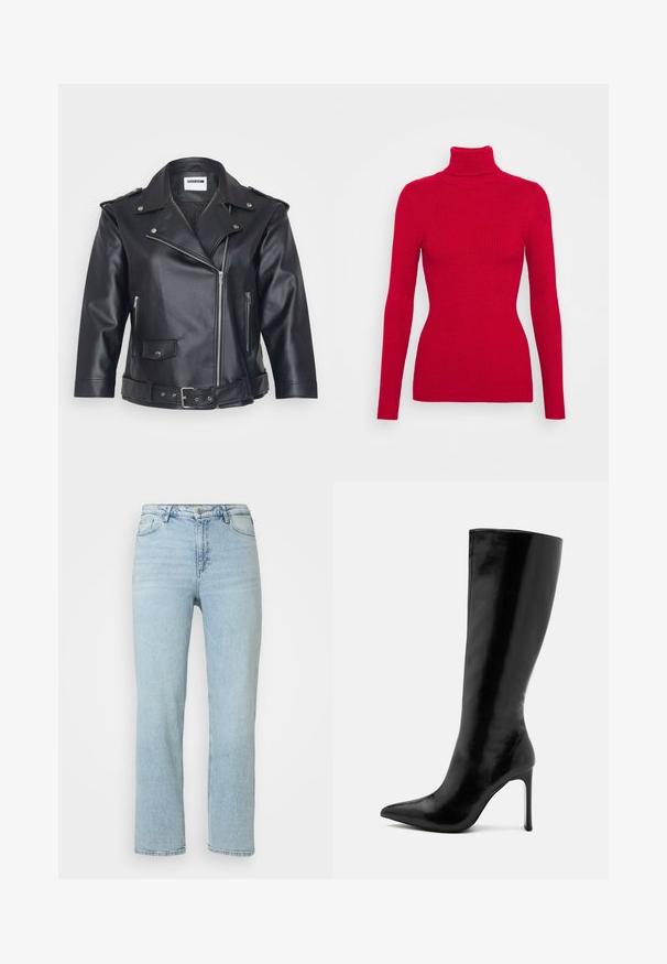 Schwarze Leder-Motorradjacke mit einem eingekerbten Kragen, asymmetrischem Reißverschluss, seitlichen Taschen und einem Gürtel in der Taille. Strukturiertes Finish und metallische Hardware.; Roter, gerippter Rollkragenpullover mit langen Ärmeln, strukturiertem Stoff, figurbetonendem Schnitt und hohem Kragen. Keine sichtbaren Verzierungen.; Helle blaue gerade geschnittene Jeans aus Denim mit vorderer Knopf- und Reißverschlussöffnung, Gürtelschlaufen und klassischem Fünf-Taschen-Design.; Schwarze knielange Stiefel aus glänzendem Leder, mit spitz zulaufender Zehenpartie und schlankem Stiletto-Absatz. Glatte Textur und minimalistisches Design.