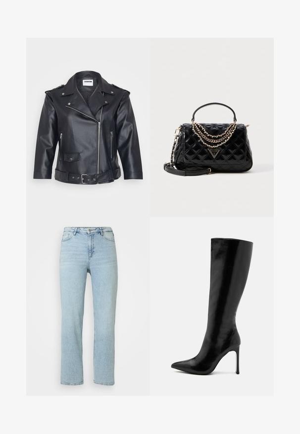 Black leather motorcycle jacket featuring a notched collar, asymmetrical zipper, side pockets, and a belted waist. Textured finish and metallic hardware.; Red ribbed turtleneck sweater with long sleeves, textured fabric, fitted silhouette, and high collar. No visible embellishments.; Light blue straight-leg denim jeans with front button and zipper closure, belt loops, and classic five-pocket design.; Black knee-high boot made of glossy leather, featuring a pointed toe and a slender stiletto heel. Smooth texture with minimalist design.; Black quilted handbag with a structured shape, gold chain accents, a top handle, and a logo plaque. Includes a detachable shoulder strap.