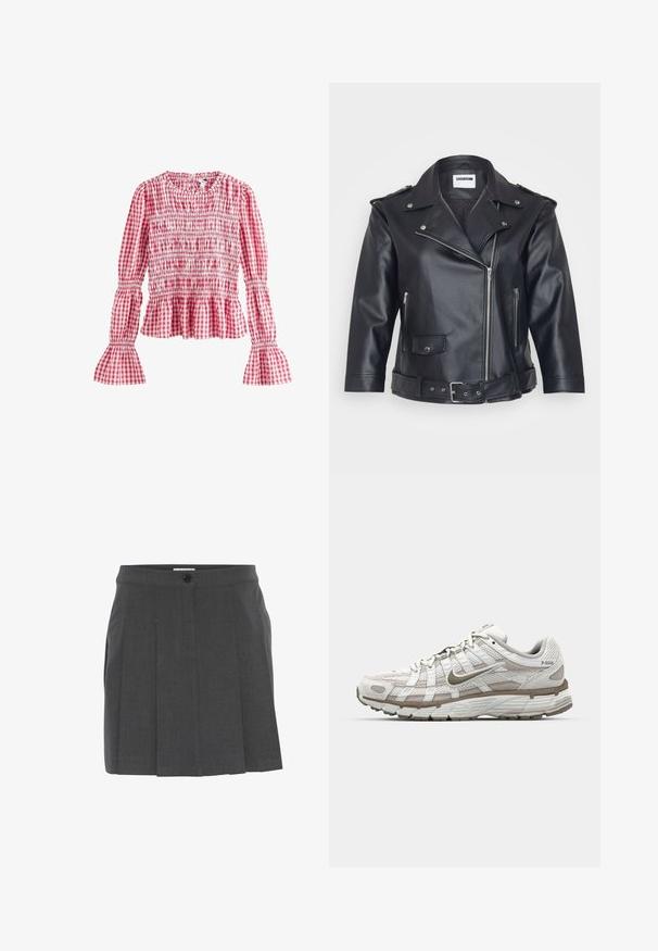 Črna usnjena motoristična jakna s poševnim ovratnikom, asimetričnim zadrgo, stranskimi žepi in pasom s sponko. Teksturirana površina in kovinski dodatki.; Next Bluza - pink; Siva plisirana krila z pasom, z sprednjo gumbno zaponko. Narejena iz teksturirane tkanine, zasnovana za prilagojen kroj.; Bele športne čevlje v belem, s mrežastim zgornjim delom, svetlosnimi rjavimi detajli in podplatom z oblazinjenjem. Imajo zavezovanje na vezalke in napis na strani.