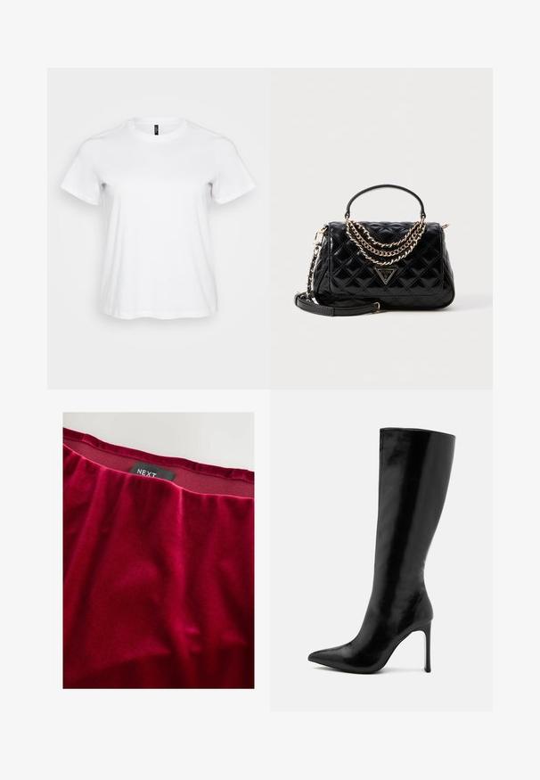 Crna kožna motoristička jakna s izrezanim ovratnikom, asimetričnim patentnim zatvaračem, bočnim džepovima i pojasom u struku. Teksturirana površina i metalni detalji.; Bjela pamučna majica s kratkim rukavima, okruglim izrezom i opuštenim krojem. Glatka tekstura bez vidljivih uzoraka ili naglasaka.; Crvena baršunasta tkanina glatke teksture s naboranim pojasom. Brend oznaka "NEXT" vidljiva blizu gornjeg ruba.; Crne čizme do koljena od sjajne kože, s oštrom naprijed i tankim stileto potpeticama. Glatka tekstura s minimalističkim dizajnom.; Crna kupljena torba sa struktuiranim oblikom, zlatnim lancem kao ukrasom, gornjom drškom i oznakom s logotipom. Uključuje odvojivu naramenicu.