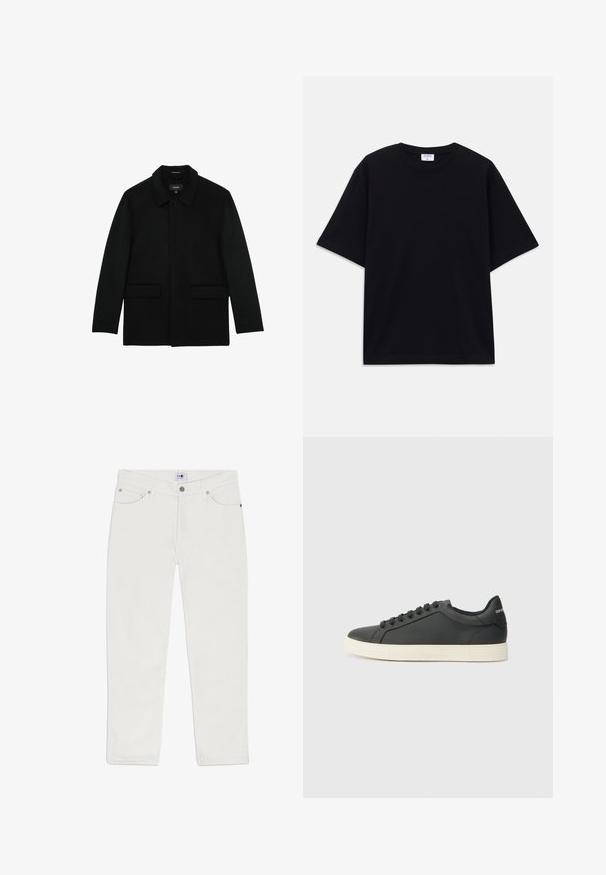 Reiss REGULAR FIT - TAMWORTH DOUBLE FACE BUTTON - Chaqueta fina - navy; Camiseta oversized de manga corta en negro con escote redondo y etiqueta de la marca Filippa K visible en el interior del cuello.; Jeans de denim blanco con un corte recto, diseño de cinco bolsillos y detalles de hardware en plata. El material tiene una textura suave y un estilo sin adornos.; Zapatilla negra de cuero con perfil bajo, punta redondeada y cierre de cordones; cuenta con una suela de goma texturizada y detalle del logo en el talón.