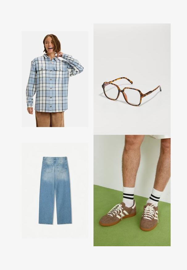 Olivově zelená semišová bunda s límcem, předním zipem a dvěma náprsními kapsami. Hladká textilie s jemnými švy.; Světle modrá a bílá flanelová košile s černou kostičkovanou vzorem, která má dvě kapsy na prsou a zlaté knoflíky, je navržena s uvolněným střihem.; Bílý bavlněný top bez rukávů s kulatým výstřihem a přiléhavým střihem. Hladká textilie, jednoduchý design a minimální švy.; Svetle modre džíny s rovnými nohavicemi, které mají dvě zadní kapsy a vybledlou strukturu v horních částech.; Hnědé semišové tenisky s bílými akcenty a tkaničkami. Gumová podrážka. Nošeny s bílými ponožkami s černými pruhy. Zelená strukturovaná podlaha.; Kočičí brýle s čtvercovým rámem, obsahující průhledné čočky a texturovaný vzor. Stranice mají tenký, štíhlý design.; Námorní modrá propletená kožená kabelka zaobleného tvaru, s jedním uchopem a zipovým uzávěrem. Texturovaný povrch s jemným vzorem z košíkového pletení.