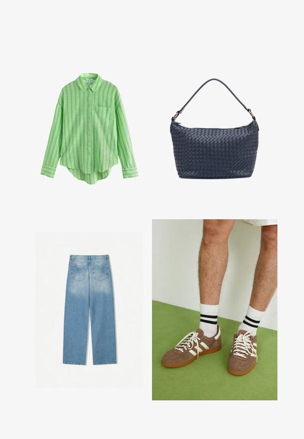 Giacca in suede verde oliva con colletto, zip frontale e due tasche sul petto. Texture liscia con dettagli di cucitura sottili.; Camicia button-up a righe verde con taschino, caratterizzata da una vestibilità comoda, maniche lunghe e orlo curvo. Realizzata in tessuto leggero.; Top in cotone bianco senza maniche, con scollatura ampia e linea aderente. Tessuto liscio, design semplice e dettagli di cucitura minimi.; Jeans in denim blu chiaro con design a gamba dritta, dotati di due tasche posteriori e una texture scolorita nelle sezioni superiori.; Sneaker in suede marrone con dettagli e lacci bianchi. Suola in gomma color gomma. Indossati con calzini bianchi con righe nere. Pavimento verde texturizzato.; Borsa a mano in pelle intrecciata di colore blu navy, con forma arrotondata, manico singolo e chiusura con zip. Superficie testurizzata con un intricato motivo a cesto.