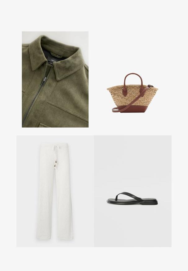 Olivgrüne Wildlederjacke mit Kragen, Vorderreißverschluss und zwei Brusttaschen. Glatte Textur mit dezenten Stickdetails.; Weißes Baumwoll-Top mit Rundhalsausschnitt, ohne Ärmel und figurbetontem Schnitt. Glatte Textur, schlichtes Design und minimale Nähdetails.; Weiß gestrickte Lounge-Hosen mit einem strukturierten Muster, ausgestattet mit einem Kordelzugbund und zwei dekorativen Knöpfen auf der Vorderseite.; Schwarze Flip-Flops aus glattem Leder, mit einem dünnen Riemendesign und einer flachen Sohle mit minimalem Profil. Keine bemerkenswerten Muster oder Akzente.; Geflochtene Strohtasche mit braunen Lederakzenten, zwei Griffen und einem abnehmbaren Gurt. Kurvenform mit einem stabilen Boden.