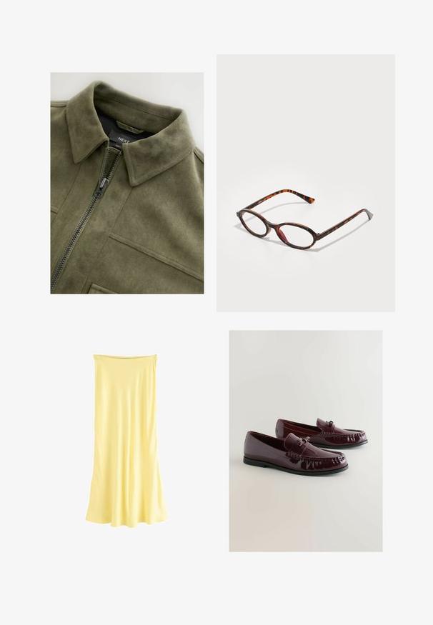 Jasnozielona kurtka zamszowa z kołnierzykiem, zamkiem błyskawicznym z przodu i dwoma kieszeniami na piersi. Gładka tekstura z delikatnymi detalami ściegów.; Biały żebrowany top na ramiączkach z okrągłym dekoltem i szerokimi ramiączkami. Miękka faktura materiału i obszycia. Prosty, dopasowany krój.; Żółta satynowa sukienka maxi o zwiewnym kroju. Posiada zebrany dekolt i gładką fakturę, zaprojektowana z myślą o komfortowym noszeniu.; Burgundowe lakierowane mokasyny z zaokrąglonym noskiem, ozdobnym paskiem i subtelnym wykończeniem szwów. Czarna gumowa podeszwa.; Okulary przeciwsłoneczne w kolorze żółwi z owalnymi soczewkami, z ciemną oprawką w jasne i ciemne brązowe wzory oraz smukłymi, zakrzywionymi zausznikami.