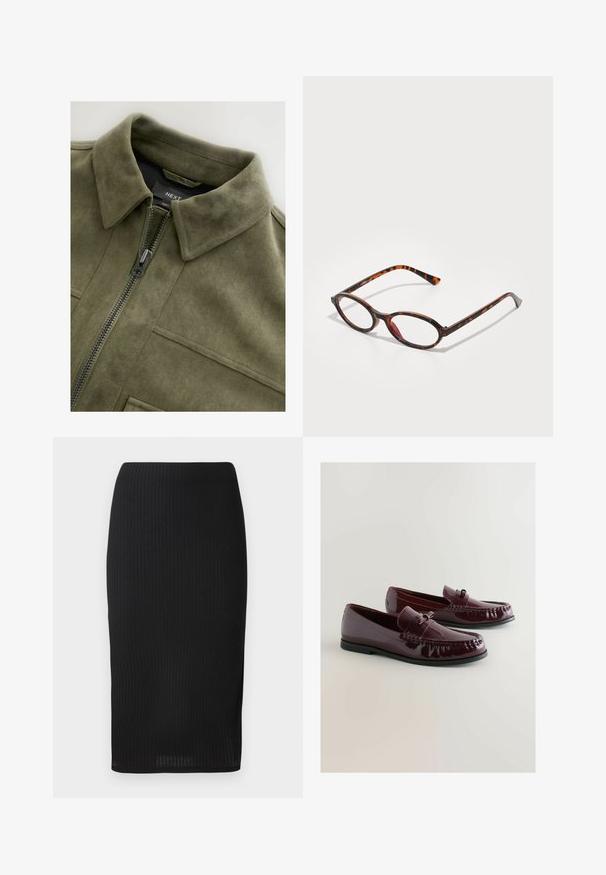 Jachetă din suede verde măsliniu, cu guler, fermoar frontal și două buzunare la piept. Textură netedă cu detalii de cusătură discrete.; Tricou alb cu dungi, cu decolteu rotund și bretele late. Textură moale a țesăturii și tivuri cusute. Design simplu, ajustat.; Fustă conică neagră cu textură canalată, cu un design mulat și o tăietură până la genunchi. Talie simplă fără embellishments.; Lofere din piele patent burgundy, cu vârful rotund, bretea decorativă și detalii subtile de cusătură. Talpă din cauciuc negru.; Ochelari de soare cu rame din fâșii de țestoasă, cu lentile ovale, având un cadru întunecat cu modele în nuanțe de maro deschis și închis, și cu temple subțiri și curbate.