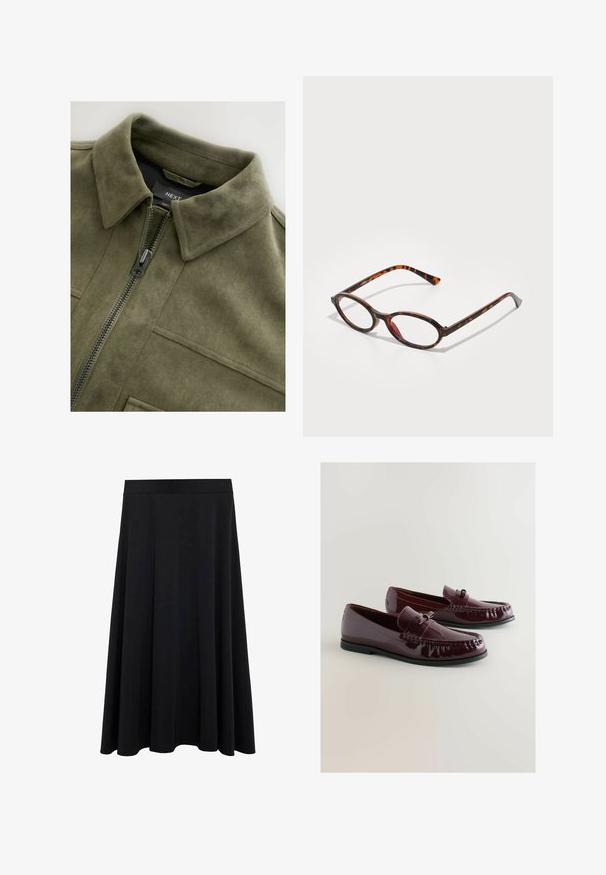 Olive green suede-style jacket with a collared neck, front zipper, and two chest pockets. Smooth texture with subtle stitching details.; White ribbed tank top with a scoop neckline and wide straps. Soft fabric texture and stitched hems. Simple, fitted design.; Black, flowing A-line skirt made from soft fabric with an elastic waistband and a smooth texture, designed for comfortable wear.; Burgundy patent leather loafers with a rounded toe, decorative strap, and subtle stitching detail. Black rubber sole.; Tortoiseshell sunglasses with oval lenses, featuring a dark frame with light and dark brown patterns, and slender, curved temples.