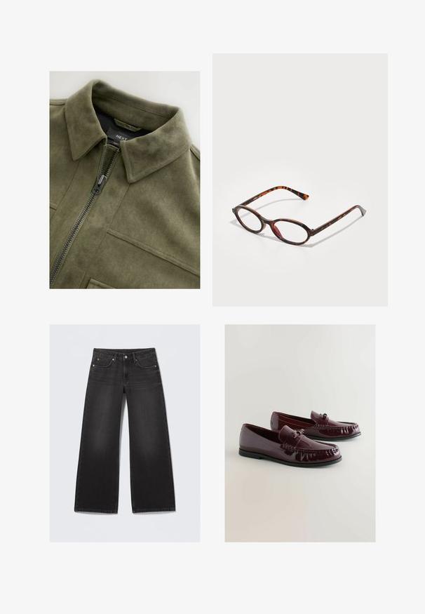 Olivgrüne Wildlederjacke mit Kragen, Vorderreißverschluss und zwei Brusttaschen. Glatte Textur mit dezenten Stickdetails.; Weißes, geripptes Tanktop mit Rundhalsausschnitt und breiten Trägern. Weiche Stofftextur und genähte Säume. Einfaches, enganliegendes Design.; Schwarze, weit geschnittene Denim-Jeans mit fünf Taschen und Knopfverschluss, flach auf einem hellen Hintergrund ausgebreitet.; Burgunderfarbene Lackleder Slipper mit abgerundeter Zehe, dekorativem Riemen und subtilen Nähdetails. Schwarze Gummisohle.; Schildpatt-Sonnenbrille mit ovalen Gläsern, ausgestattet mit einem dunklen Gestell mit hellen und dunklen Brauntönen sowie schlanken, geschwungenen Bügeln.