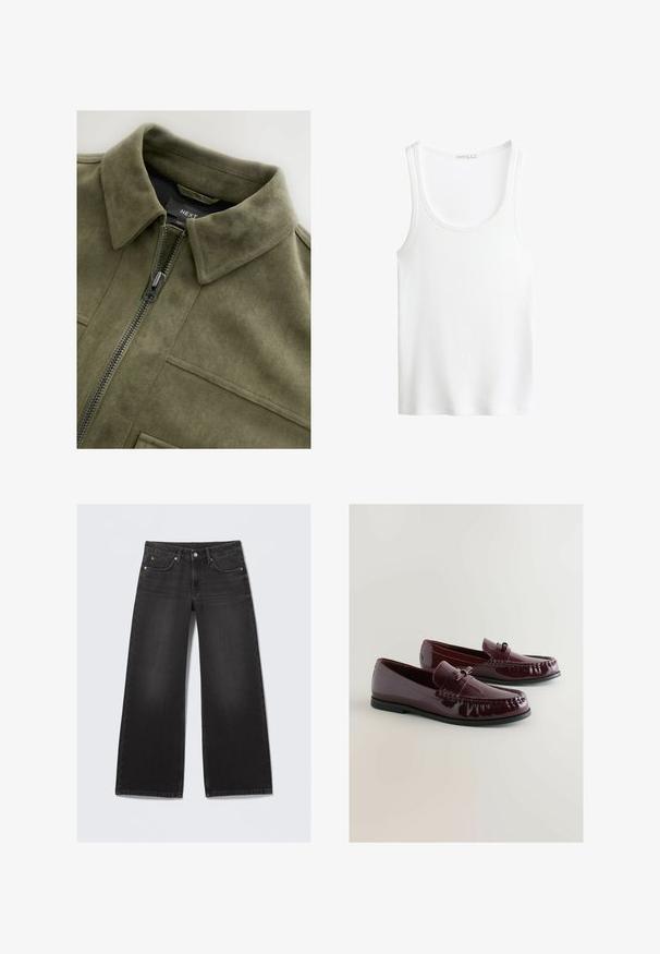 Jasnozielona kurtka zamszowa z kołnierzykiem, zamkiem błyskawicznym z przodu i dwoma kieszeniami na piersi. Gładka tekstura z delikatnymi detalami ściegów.; Biały żebrowany top na ramiączkach z okrągłym dekoltem i szerokimi ramiączkami. Miękka faktura materiału i obszycia. Prosty, dopasowany krój.; Czarne, rozkloszowane dżinsy o szerokich nogawkach z pięcioma kieszeniami i zapięciem na guzik, ułożone na jasnym tle.; Burgundowe lakierowane mokasyny z zaokrąglonym noskiem, ozdobnym paskiem i subtelnym wykończeniem szwów. Czarna gumowa podeszwa.