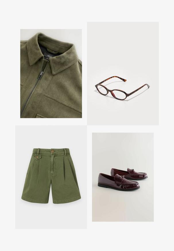 Olívazöld nubukbőr stílusú dzseki galléros nyakkal, elől cipzárral és két mellzsebbel. Sima textúra diszkrét varrási részletekkel.; Fehér, bordázott ujjatlan felső, kerek nyakkivágással és széles pántokkal. Puha szövet textúra és varrt szegélyek. Egyszerű, testhezálló dizájn.; Khaaki színű, pamut rövidnadrág, pleatelt dizájnnal, derékon gombbal és oldalsó zsebekkel. Simaszerkezet és egyenes lábszárvágás jellemzi.; Burgundy lakkbőrből készült loaferek kerek orral, dekoratív pánttal és diszkrét varrási részletekkel. Fekete gumi talp.; Teknősbékahéj mintázatú napszemüveg, ovális lencsékkel, sötét kerettel, világos és sötétbarna mintákkal, vékony, ívelt templarészekkel.