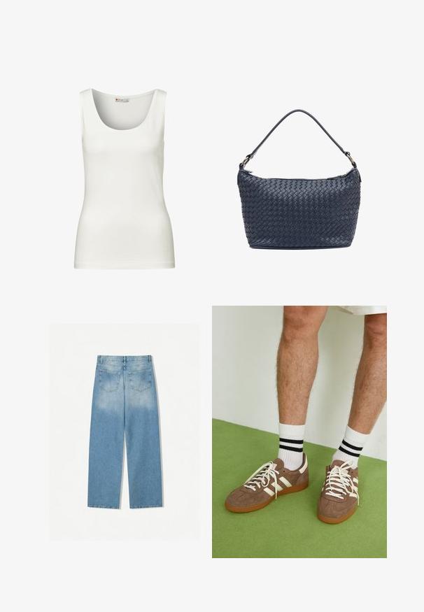 Olive green suede-style jacket with a collared neck, front zipper, and two chest pockets. Smooth texture with subtle stitching details.; White sleeveless tank top with a rounded neckline, made of smooth cotton fabric, featuring a fitted shape and no visible patterns or accents.; Light blue and white flannel shirt with black plaid pattern, featuring two chest pockets and gold buttons, designed with a relaxed fit.; Light blue denim jeans with a straight leg design, featuring two back pockets and a faded texture at the upper sections.; Brown suede sneakers with white accents and laces. Rubber gum sole. Worn with white socks featuring black stripes. Green textured flooring.; Navy woven leather handbag with a rounded shape, single handle, and zipper closure. Textured surface with intricate basketweave pattern.