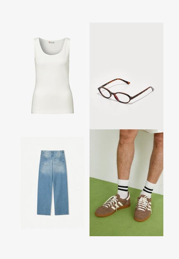 Olivově zelená semišová bunda s límcem, předním zipem a dvěma náprsními kapsami. Hladká textilie s jemnými švy.; Bílé bezrukávové tričko s kulatým výstřihem, vyrobené z hladké bavlněné látky, s přiléhavým střihem a bez viditelných vzorů nebo akcentů.; Světle modrá a bílá flanelová košile s černou kostičkovanou vzorem, která má dvě kapsy na prsou a zlaté knoflíky, je navržena s uvolněným střihem.; Svetle modre džíny s rovnými nohavicemi, které mají dvě zadní kapsy a vybledlou strukturu v horních částech.; Hnědé semišové tenisky s bílými akcenty a tkaničkami. Gumová podrážka. Nošeny s bílými ponožkami s černými pruhy. Zelená strukturovaná podlaha.; Tortoise shell sluneční brýle s oválnými skly, které mají tmavý rám se světlými a tmavě hnědými vzory a štíhlými, zakřivenými stranami.; Námorní modrá propletená kožená kabelka zaobleného tvaru, s jedním uchopem a zipovým uzávěrem. Texturovaný povrch s jemným vzorem z košíkového pletení.