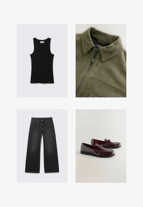 Oliva zelena jakna od antilopa s ovratnikom, prednjim zatvaračem i dva džepa na grudima. Glatka tekstura s suptilnim šavovima.; Crni pamučni top bez rukava s zaobljenim izrezom, širokim naramenicama i prianjajućim siluetom. Sadrži oznaku brenda u bijeloj boji.; Crne široke traperice s pet džepova i dugmetom, položene ravno na svijetloj pozadini.; Bordo lakirani loaferi s okruglim nosom, ukrasnom trakom i suptilnim detaljima šivanja. Crna gumena potplata.