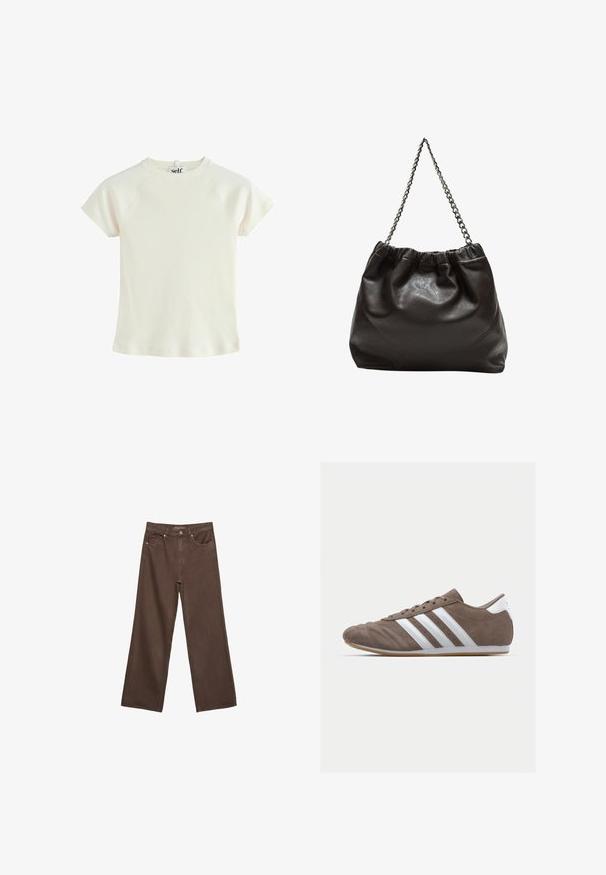 Olivgrüne Wildlederjacke mit Kragen, Vorderreißverschluss und zwei Brusttaschen. Glatte Textur mit dezenten Stickdetails.; Weißes geripptes T-Shirt mit kurzen Ärmeln, rundem Halsausschnitt und Raglanärmeln. Strukturiertes Material mit normaler Passform. Logosticker hinten am Hals.; Weite braune Jeans aus Denim, mit hoher Taille, Fronttaschen und klassischem Knopfverschluss. Glatte Textur mit feinen Nähten.; Braune Wildleder-Sportschuhe mit weißen Streifen, runder Zehenform, Schnürdesign und Gummisohle. Strukturiertes Obermaterial mit Nahtdetails.; Braune Lederhandtasche mit gerafftem Oberteil und Kettenriemen. Glatte Textur mit glänzendem Finish und subtilen Nahtdetails an den Seiten.